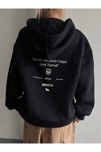 BEETON Growth 3 Thread Thick Winter Sweatshirt - Black Printed Oversize Hooded Hoodie