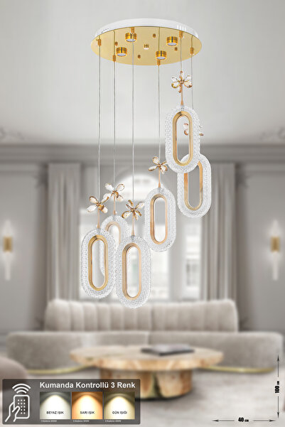 Avizemoda Sessi 6'li Power Ledli Kumandalı Modern Lüks Sarkıt Avize, 3 Renk: Sarı-beyaz-gün Işığı - Gold