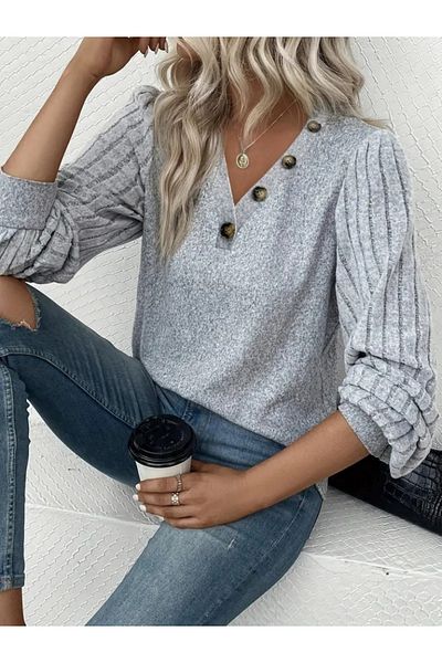Viyamo Women's Long Sleeve Ribbed Collar Button Detail Hooded Blouse