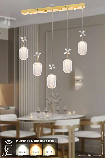 Avizemoda Motta 5'li Power Ledli Kumandalı Modern Yemek Masası Üstü Avize, 3 ...