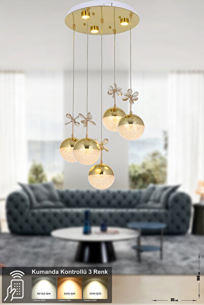 Avizemoda Forde 5'li Power Ledli Kumandalı Modern Lüks Sarkıt Avize, 3 Renk: ...