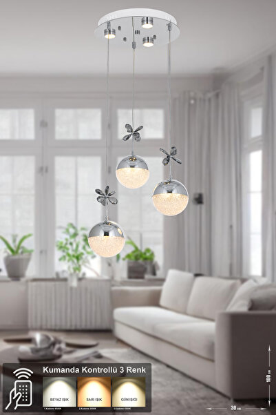 Avizemoda Forde 3'lü Power Ledli Kumandalı Modern Lüks Sarkıt Avize, 3 Renk: Sarı-beyaz-gün Işığı - Krom