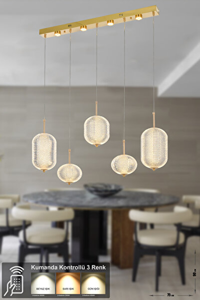 Avizemoda Torino 5'li Power Ledli Kumandalı Modern Yemek Masası Üstü Avize, 3 Renk: Sarı-beyaz-gün Işığı-gold