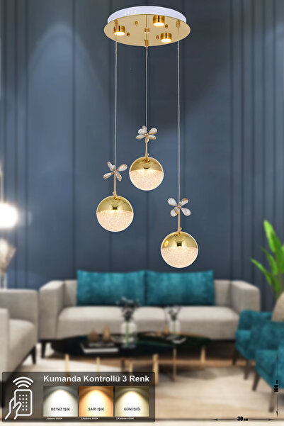 Avizemoda Forde 3'lü Power Ledli Kumandalı Modern Lüks Sarkıt Avize, 3 Renk: ...