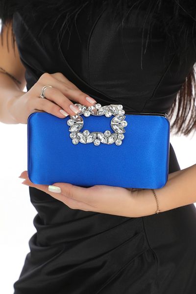 womenacs Culoarea albastru saxofon țesătură satinată cu flori cu stras în mână și curea rochie de seară portofoliu clutch geantă de seară