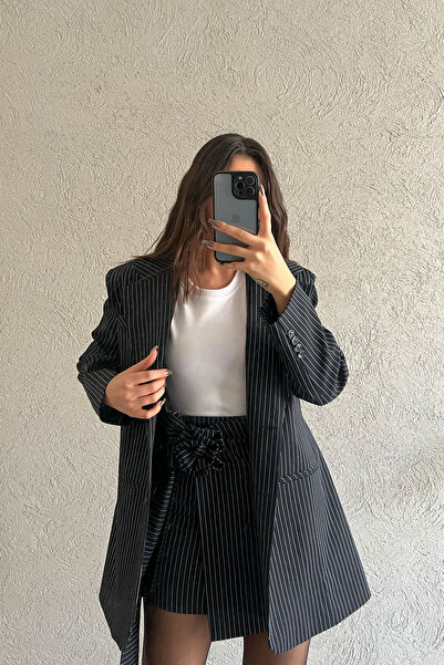 Seda Yalçın Atelier Lacivert Tasarım Uzun Çizgili Blazer Ceket