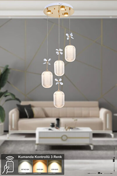 Avizemoda Motta 4'lü Power Ledli Kumandalı Modern Lüks Sarkıt Avize, 3 Renk: ...