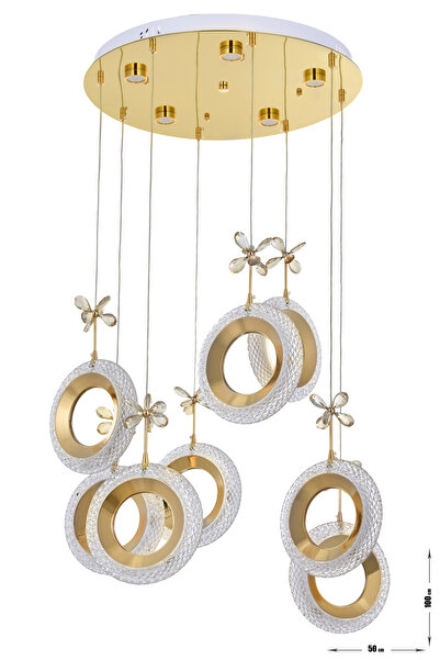Avizemoda Ribera 8'li Power Ledli Kumandalı Modern Lüks Sarkıt Avize, 3 Renk: Sarı-beyaz-gün Işığı - Gold