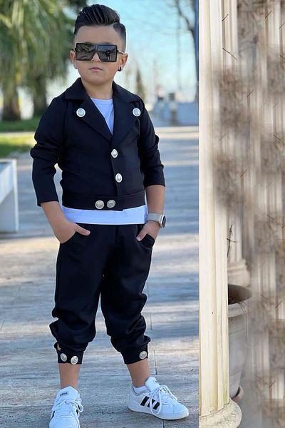 Riccotarz Boy's Crew Neck Blouse and Silver Button Detailed Black Jacket Top and Bottom Set