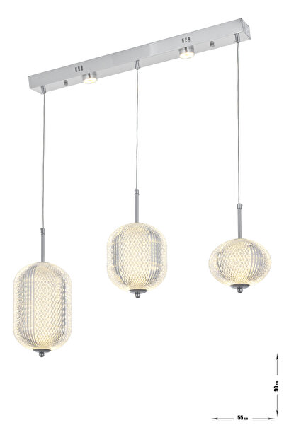 Avizemoda Torino 3'lü Power Ledli Kumandalı Modern Yemek Masası Üstü Avize, 3 Renk: Sarı-beyaz-gün Işığı-krom