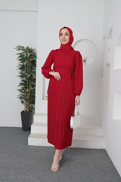 Aranlı tekstil Pleated Skirt Blouse Hijab Top and Bottom Set