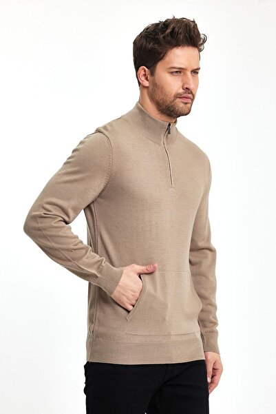 ENQUE Мъжки пуловер от плетено платно с цип и джоб кенгуру