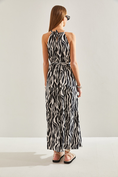 Bianco Lucci Dámské šaty s lemovaným provazovým popruhem, vzorované rozšířené viskózové šaty 60101011