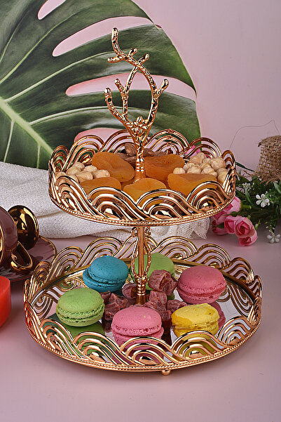 AVMSTORE Gold lüks mevsim iki katlı lokumluk sunumluk kurabiyelik