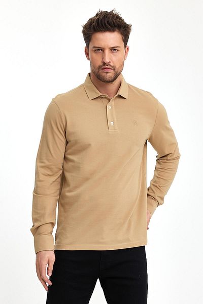 ENQUE Ανδρικό μπλουζάκι Polo Neck Comfort μακρυμάνικο Basic Cinnamon