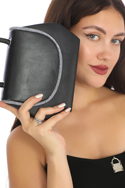 Piedra New Season Women's Evening Dress Porfoy Wedding Clutch Bag with Black Color Leather Stone Chain Strap