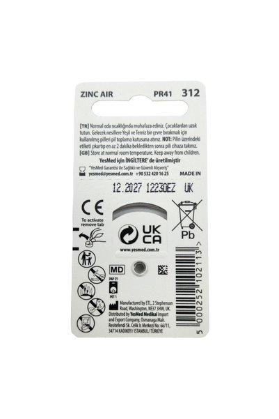 YesMed Extra Power 312 No Işitme Cihazı Pili (10 PAKET X 6 ADET =60 ADET PİL) Hediye Prowax Filtre