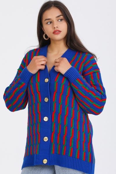 ALCHON V-подібний виріз, довгі рукави, жакардовий візерунок, кольорові блоки, плетені коси, п'ять ґудзиків, зимовий товстий трикотажний кардиган середньої довжини.