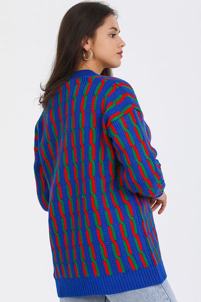 ALCHON Decolteu în V cu mâneci lungi, jacquard, bloc de culoare, împletit de păr, cu cinci nasturi, tricotaje de iarnă, lungime medie, cardigan