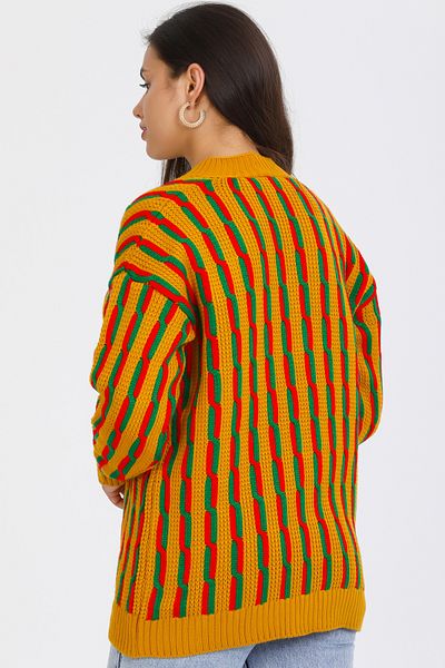ALCHON V-neck Long Sleeve Jacquard Color Block Hair Braided Five-Button Winter Thick Midi Length Knitwear Cardigan