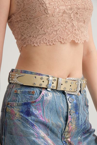 ZAHAROFF Crystal Rhinestone, Sparkling Beige Faux Leather Women's Belt, Jeans, Jacket, Dress Belt, Shirt Belt