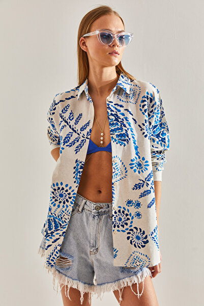 Bianco Lucci Damska lniana koszula w duże liście60101021