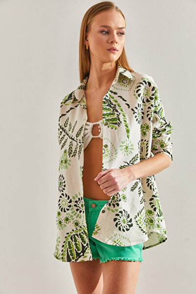 Bianco Lucci Γυναικείο λινό πουκάμισο με μεγάλα φύλλα με σχέδιο60101021