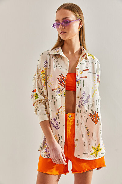 Bianco Lucci Women's Multi Patterned Loose Linen Shirt60101023