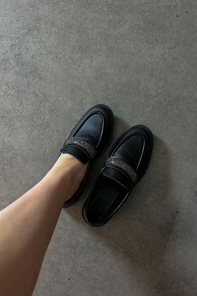 SHOEBELLAS Дамски мокасини Pensa от естествена кожа, черни, с камъни