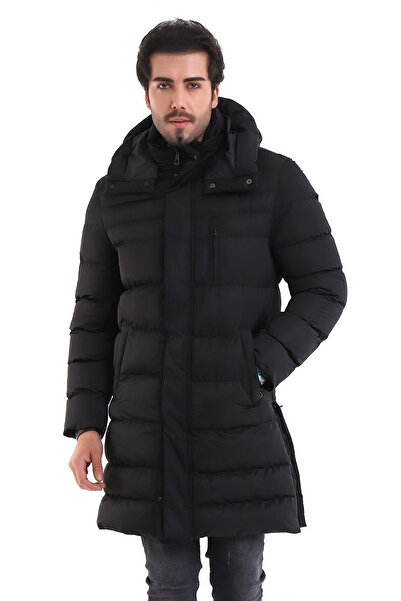 By Karaaslan erkek uzun siyah kapüşonlu parka fermuarlı uzun mont kapüşonlu ş...