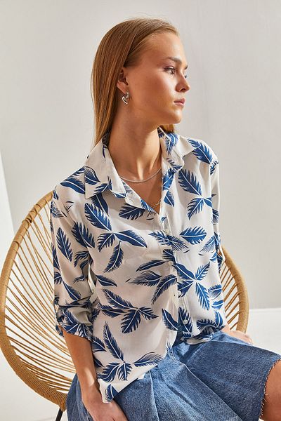 Bianco Lucci Gemustertes Viskosehemd für Damen mit gefalteten Ärmeln60101031
