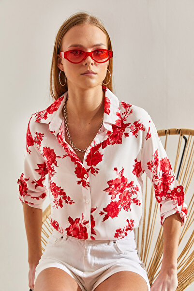 Bianco Lucci Women's Floral Patterned Sleeve Folded Viscose Shirt60101026