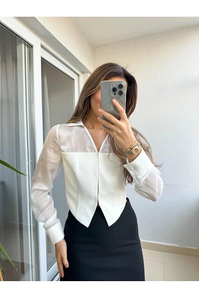 My Blog Women's Ecru Bias Cut Chiffon Crepe Shirt