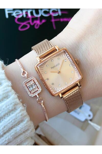Ferrucci Çift Hasır Çelik&Deri Kordon Özelikli Yeni Sezon 3 Atm Kadın Kol Saati+Bileklik BLKT.B.100