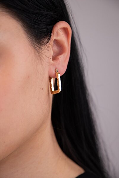 Sacha Accessories Dokulu Dikdörtgen Gold Çelik Halka Küpe