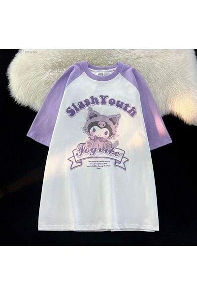 EFBUTİK White Unisex Purple Raglan Slash Youth Kuromi T-Shirt