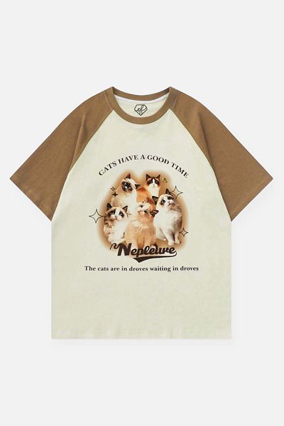 EFBUTİK Beige Unisex Mink Raglan Vintage Kawaii Cats T-Shirt