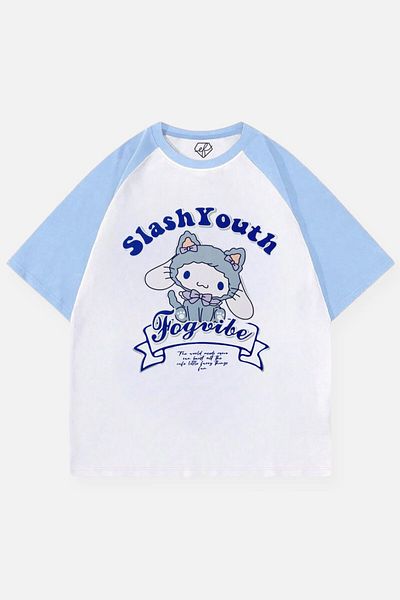 EFBUTİK White Unisex Blue Reglan Slash Youth Cinnamoroll T-Shirt