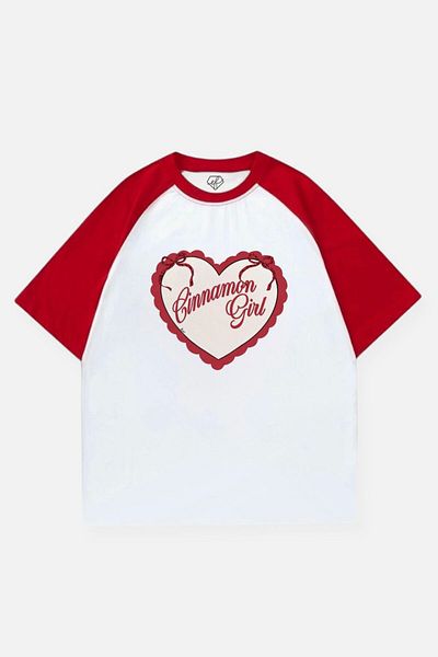 EFBUTİK White Unisex Red Raglan Cinnamon Girl Heart T-Shirt