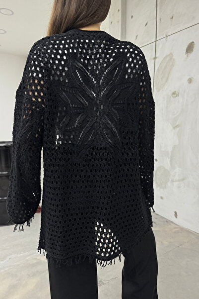LE CARAMBOLE Women's Black Openwork Back Patterned Knitwear Cardigan