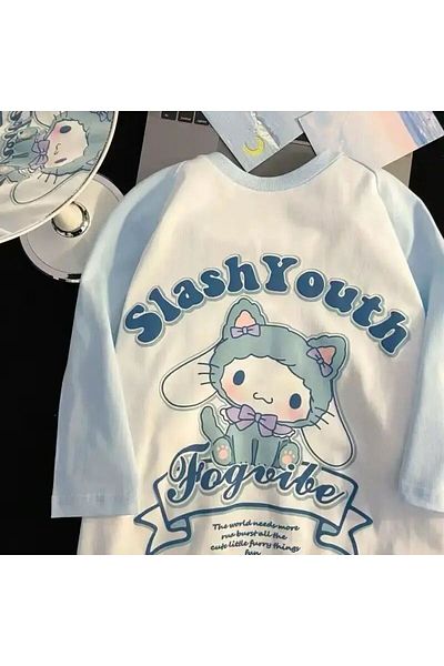 EFBUTİK White Unisex Blue Reglan Slash Youth Cinnamoroll T-Shirt