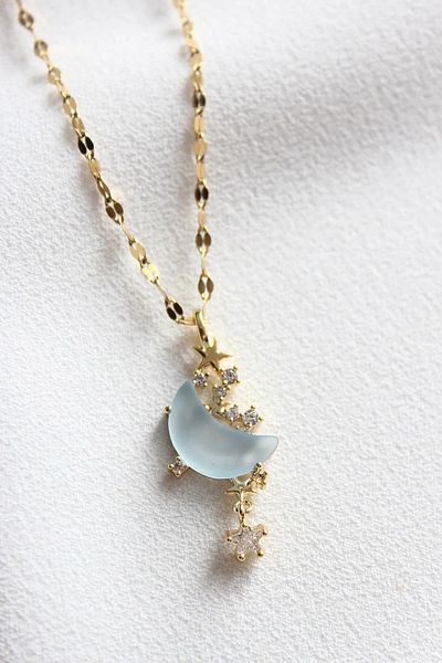The Collection Non-Tarnish Women's Steel Zircon Stone Moon Stone Crescent Star Pendant Necklace