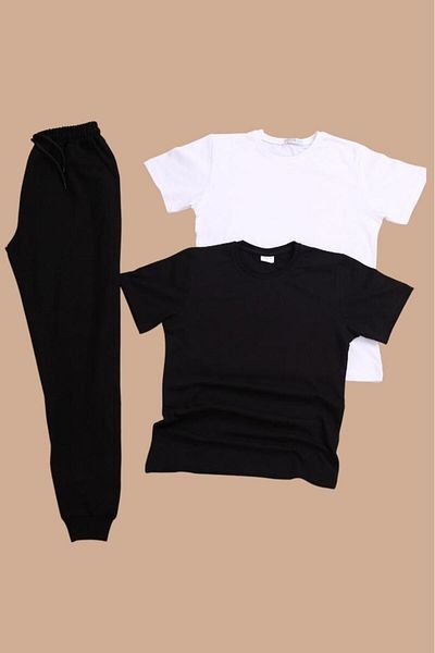 Çiggo Kids Set de 2 bucăți tricou de bază cu mânecă scurtă și 1 pantaloni de trening uni (FETĂ-BĂIAȚI)