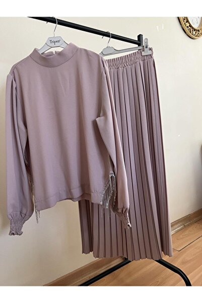 TRİPEN Takım Krep Double Kumaş Etekleri Piliseli Bluz