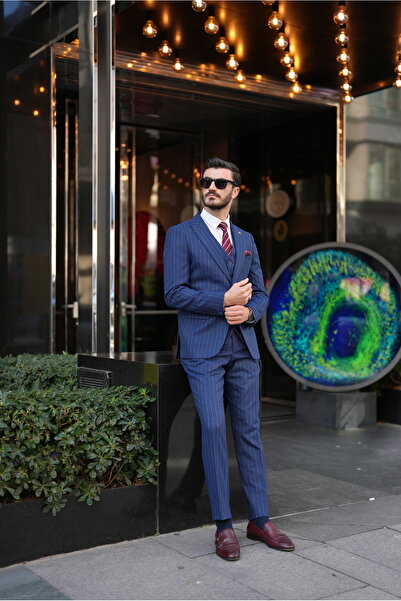 LONATOLİA Erkek Çizgili Takım Elbise İtalyan Stil Slim Fit Ceket Yelek Pantolon