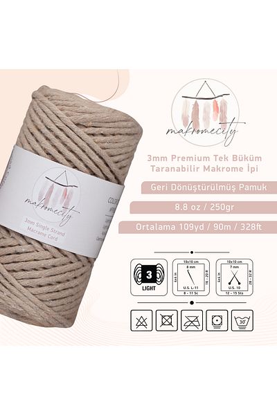 Makromecity Taranan Macrame Σχοινί 3mm Βαμβακερό Μακραμέ Σχοινί Μακραμέ Σχοινί Μακραμέ Σκούρο Μπεζ