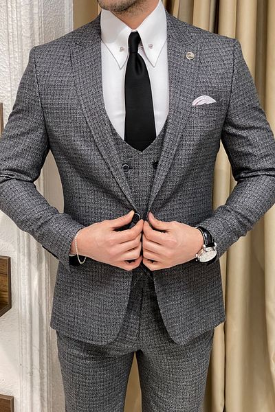 NAZEF Slim Fit High Quality Patterned Wool Gray Vest Suit