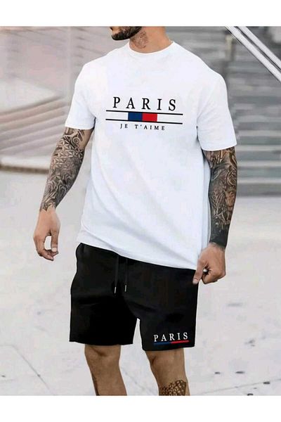 mercoledi Men's Paris Printed Street Style Shorts T-shirt Set Oversize Casual