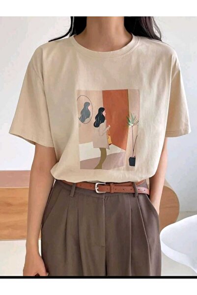 mercoledi Γυναικείο σχέδιο εμπριμέ μπεζ Oversize Casual T-shirt Boyfriend