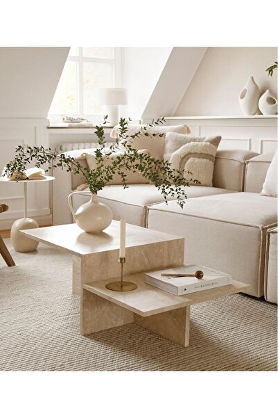 ERİZA Magazin Ekru Mermer Desenli Modern Yeni Nesil Orta Sehpa